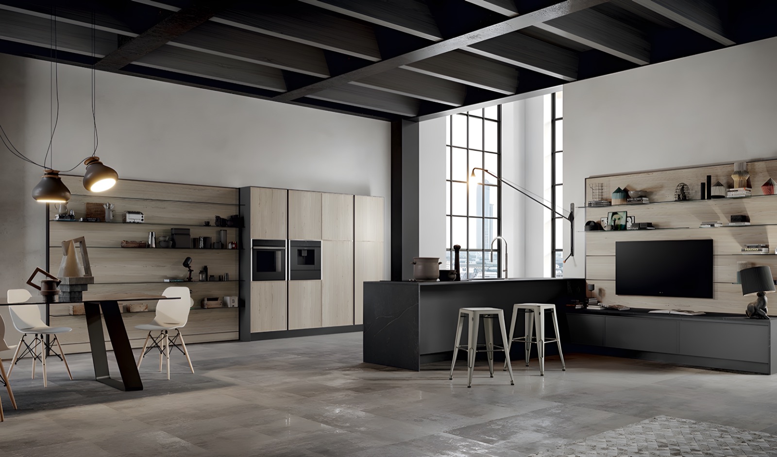 Cucina Aria in un loft con soffitti alti