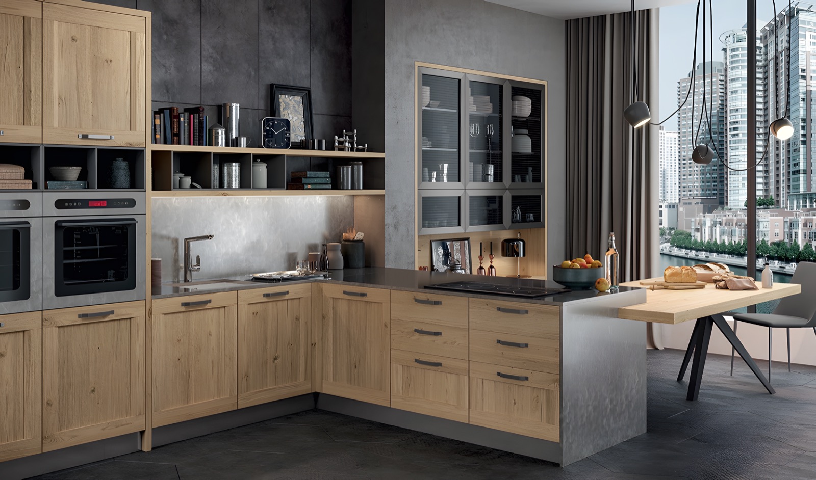 Cucina Asia ad angolo in legno naturale