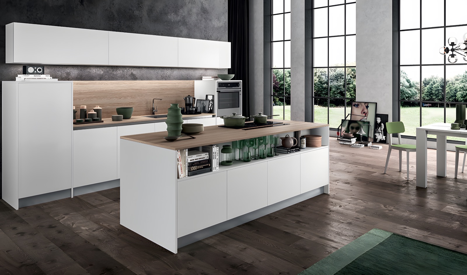 Cucina Cloe bianca con isola in legno