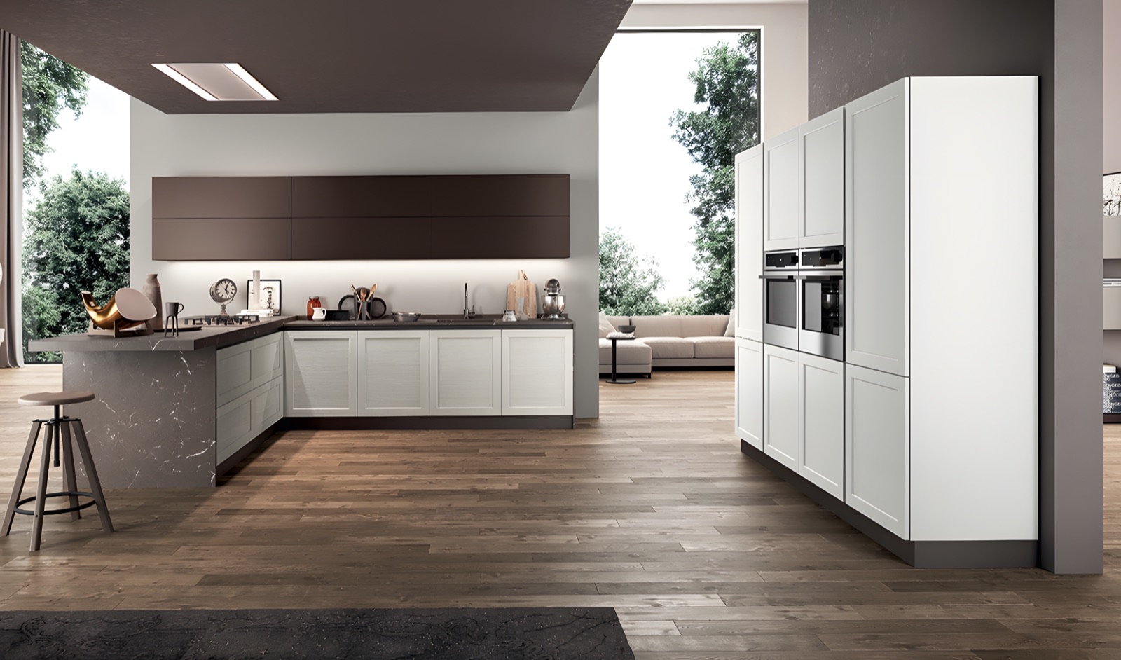 Cucina Frame con penisola e colonne bianche