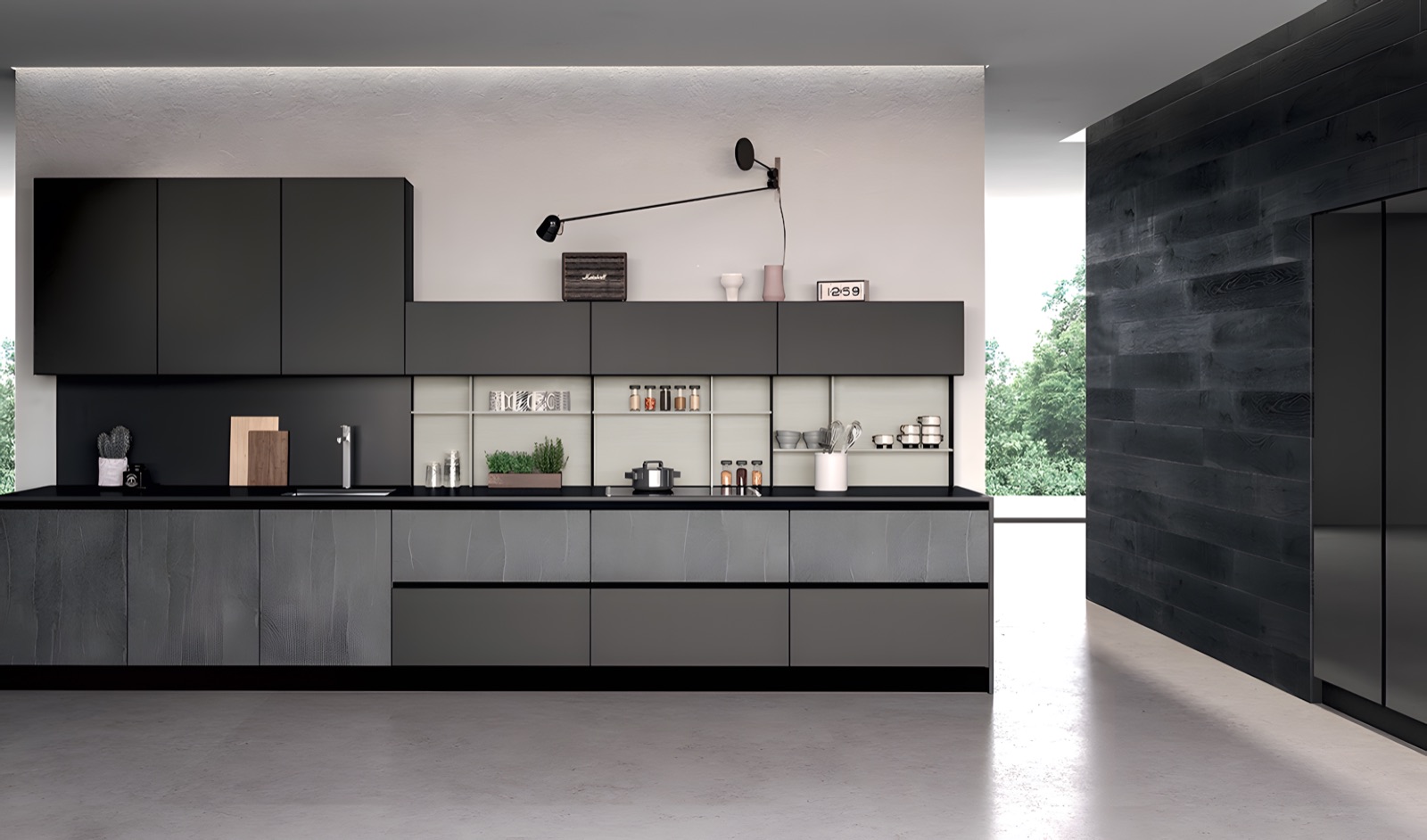 Cucina moderna Glass con isola, finiture chiare e grandi vetrate
