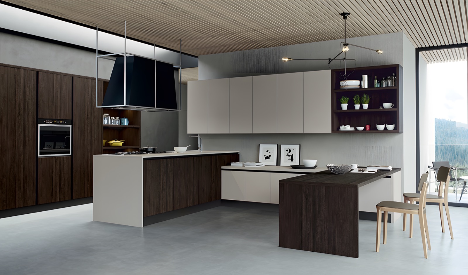 Cucina Kalì con isola bianca e colonne in essenza scura