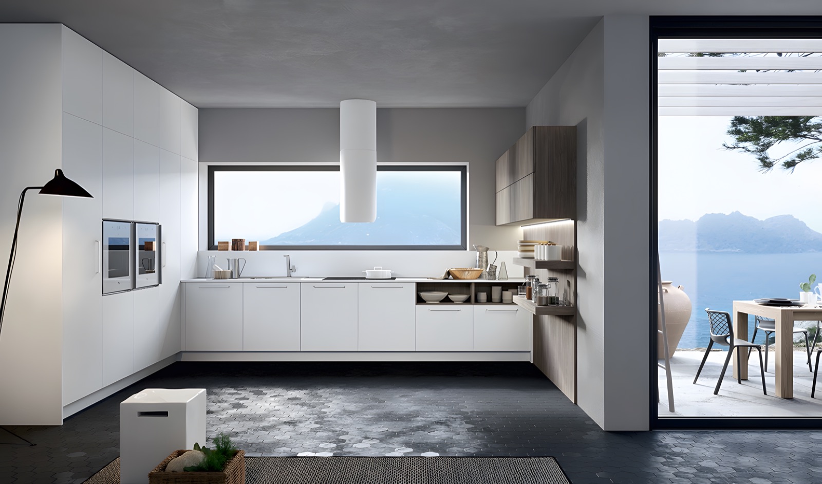 Cucina Round bianca con vista sul mare