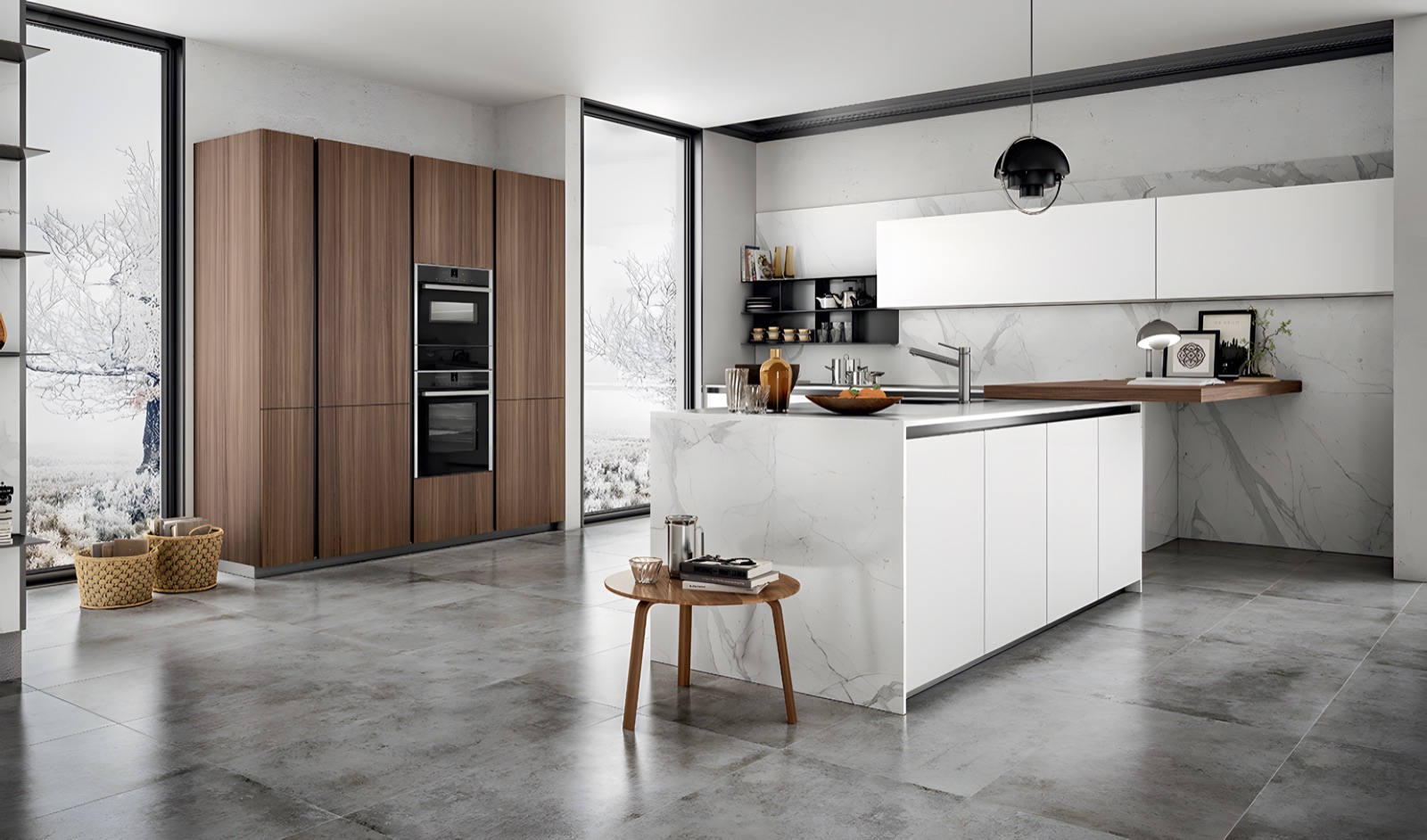 Cucina Zetasei con isola bianca e colonne in legno